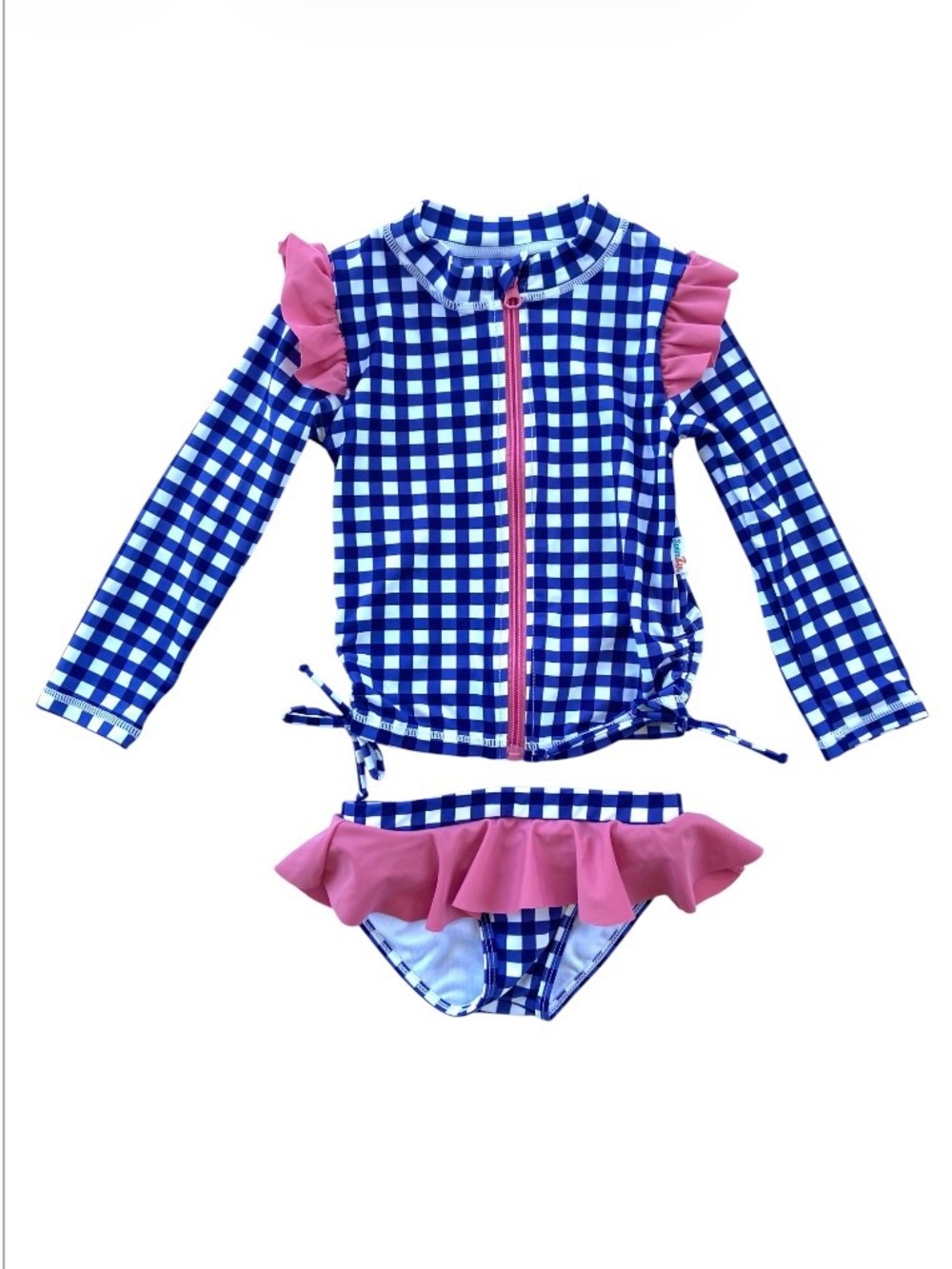 SwimZip Girls Navy Gingham Long Sleeve Rash Guard Ruffle Bottom Swimsuit Set, 3T